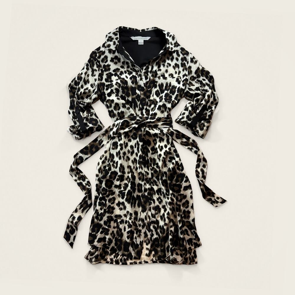 Diane von Furstenberg Prita Silk Shirt Dress Leopard Print Tie Belt Size 2